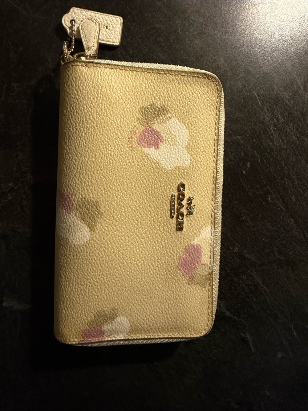Coach Pale Yellow Floral Zip-Around Wallet with Gold Logo